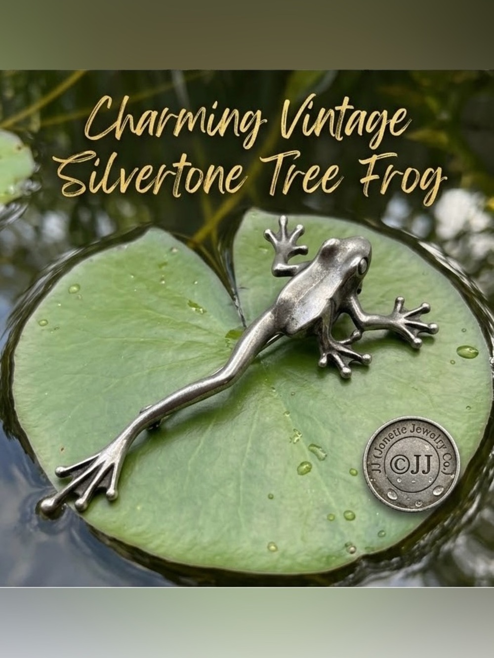 Charming VTG silvertone tree frog brooch pin by JJ (Jonette Jewelry Co.).